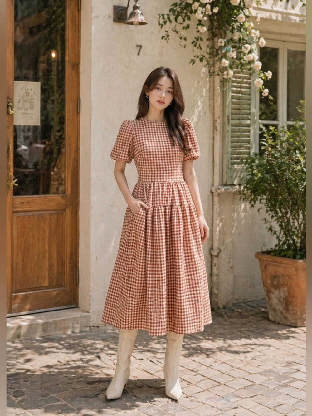 NWOT En Saison Juni Round Neck Bubble sleeve Midi Dress